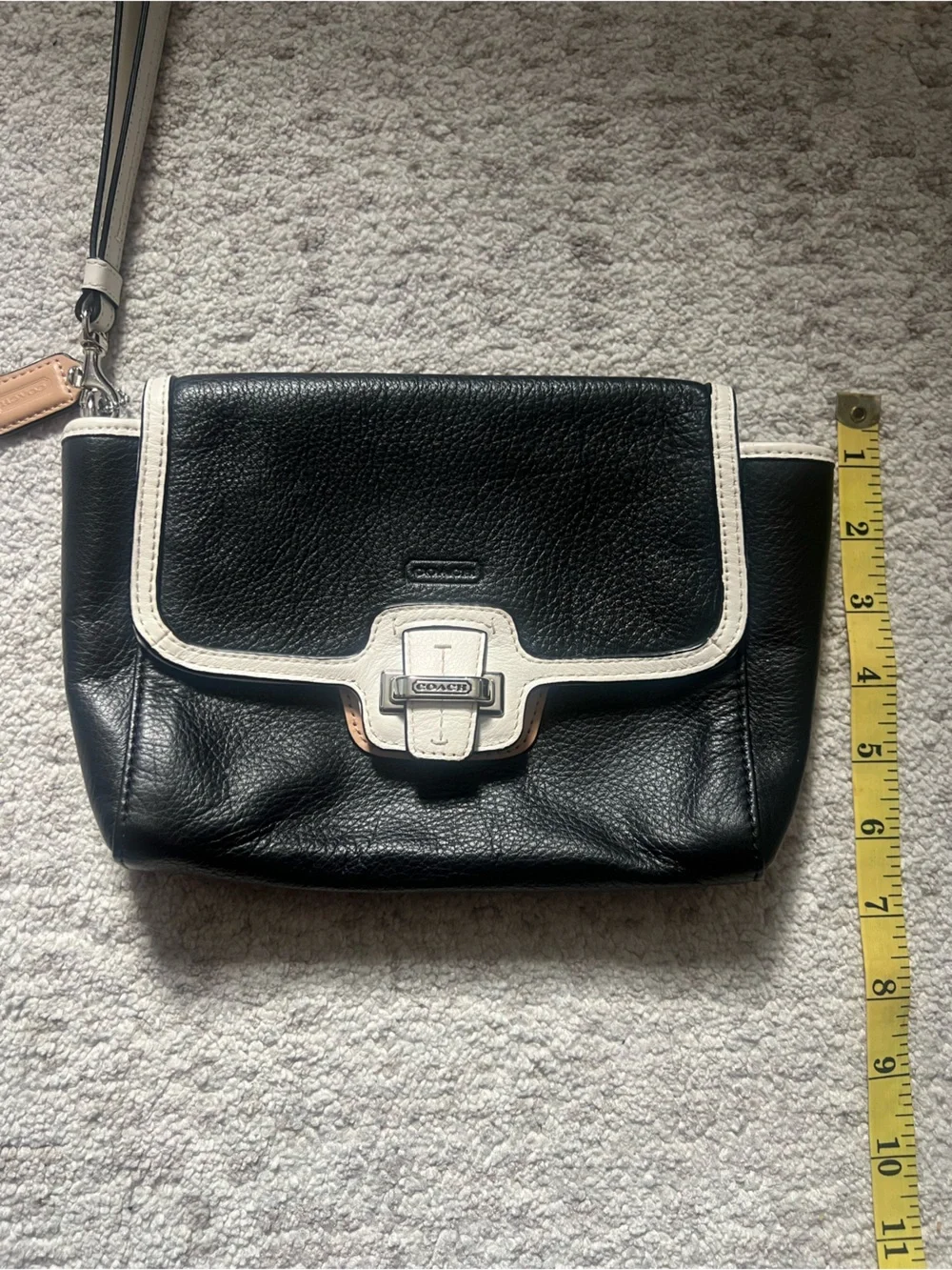 Coach Black Leather Wristlet with White Trim and Tan Accent